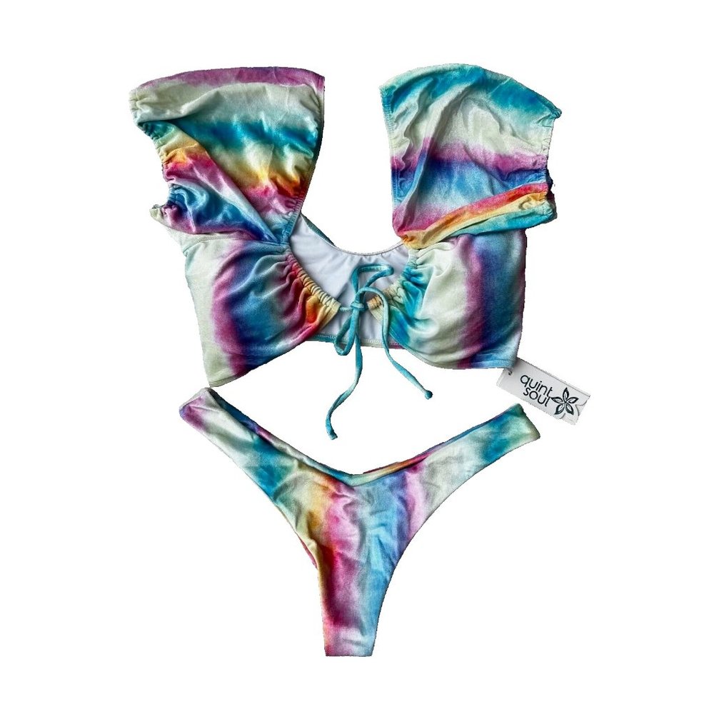 Quintsoul Oasis of the Seas Pastel Tie Dye Velour Swim Bikini Set ( XL )